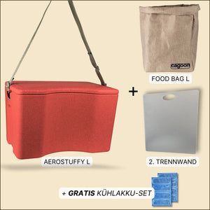 Uebersicht Lieferumfang Bundle AEROSTUFFY L in rot mit FOOD Bag und Kühlakku-Set