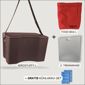 Uebersicht Lieferumfang Bundle AEROSTUFFY L in schwarz mit FOOD Bag und Kühlakku-Set
