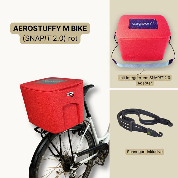 AEROSTUFFY M BIKE Set rot mit BINDIT Spanngurt montiert auf Radgepäckträger