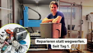 Auf dem Bild steht der Text: Reparieren statt wegwerfen. Seit Tag eins. Das Bild zeigt den modularen Aufbau der EPP-Produkte wie Thermoboxen und Kühlboxen von cagoon, bei denen einzelne Komponenten in wenigen Handgriffen getauscht werden können.
