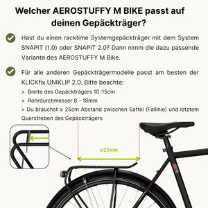 Abmaße für die Nutzung des AEROSTUFFY M am Gepäckträger