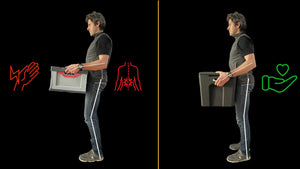 Darstellung rückenschonendes Tragen durch ergonomische Form AEROSTUFFY L im Vergleich zu normaler Kiste