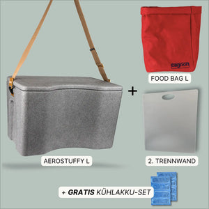 Uebersicht Lieferumfang Bundle AEROSTUFFY L in grau mit FOOD Bag und Kühlakku-Set
