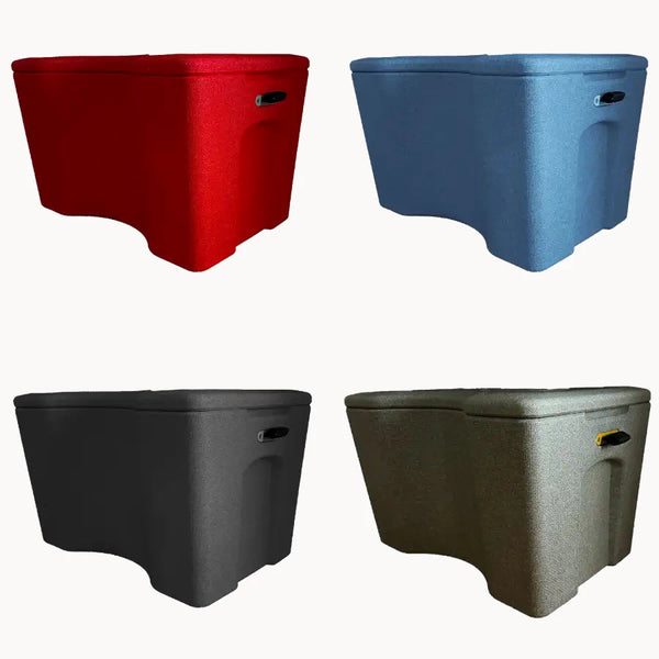 Übersicht Boxen L in rot, blau, grau und schwarz