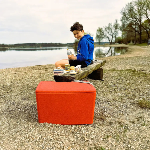 Box in Größe L rot beim Picknick am See