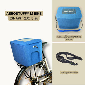 AEROSTUFFY M BIKE Set blau mit BINDIT Spanngurt montiert auf Radgepäckträger