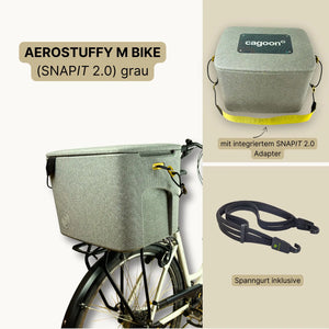 AEROSTUFFY M BIKE Set grau mit BINDIT Spanngurt montiert auf Radgepäckträger