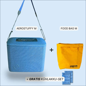Uebersicht Lieferumfang Bundle AEROSTUFFY M in blau mit FOOD Bag und Kühlakku-Set
