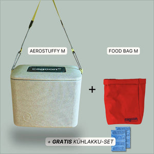 Uebersicht Lieferumfang Bundle AEROSTUFFY M in grau mit FOOD Bag und Kühlakku-Set