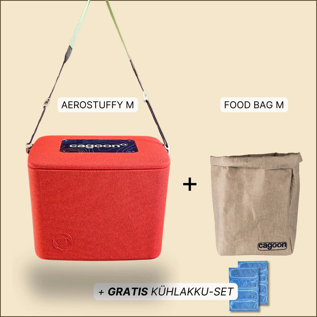 Uebersicht Lieferumfang Bundle AEROSTUFFY M in rot mit FOOD Bag und Kühlakku-Set