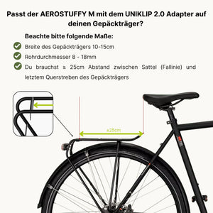 Maße für die Nutzung des AEROSTUFFY M Bike mit UNIKLIP 2.0 Adapter